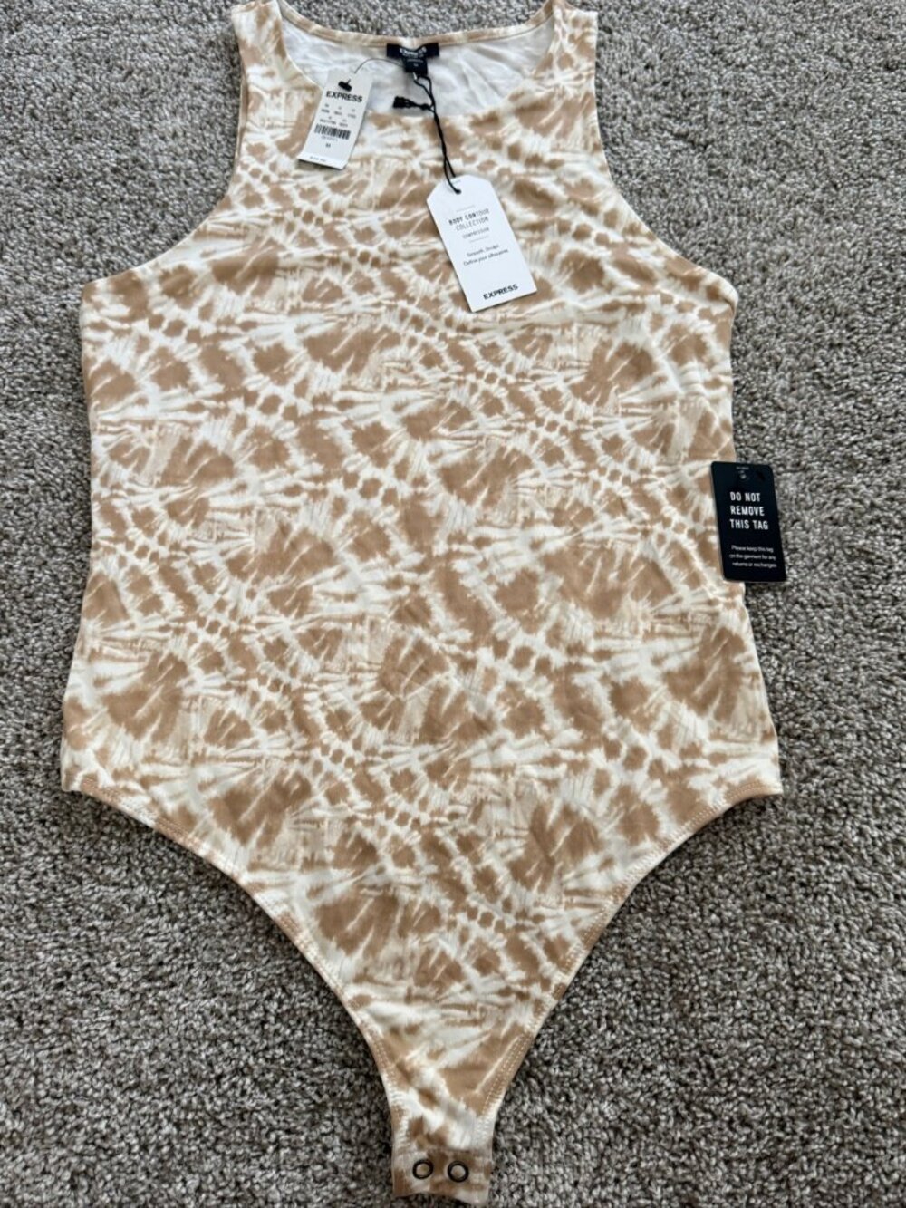 NWT Express Body Contour Bodysuit Medium Tan Tie Dye Compression High Neck $38